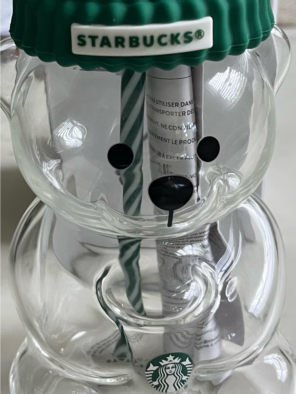Starbucks 2025 Bearista Clear Glass Bear Tumbler with Green Ribbed hat Lid